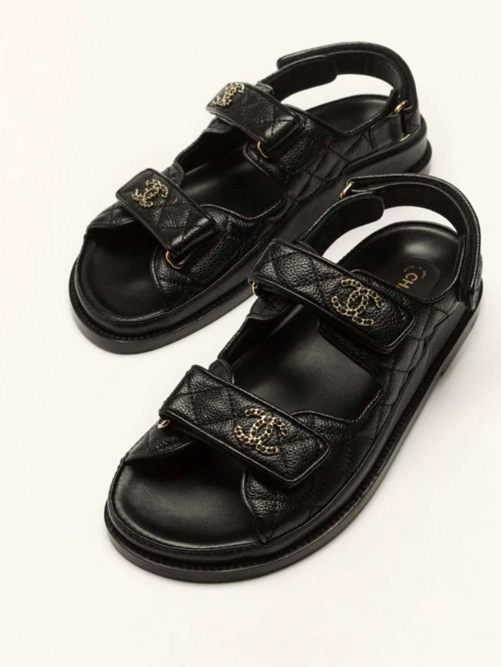 CHANEL Caviar Dad Sandals Black Gold Hardware 37